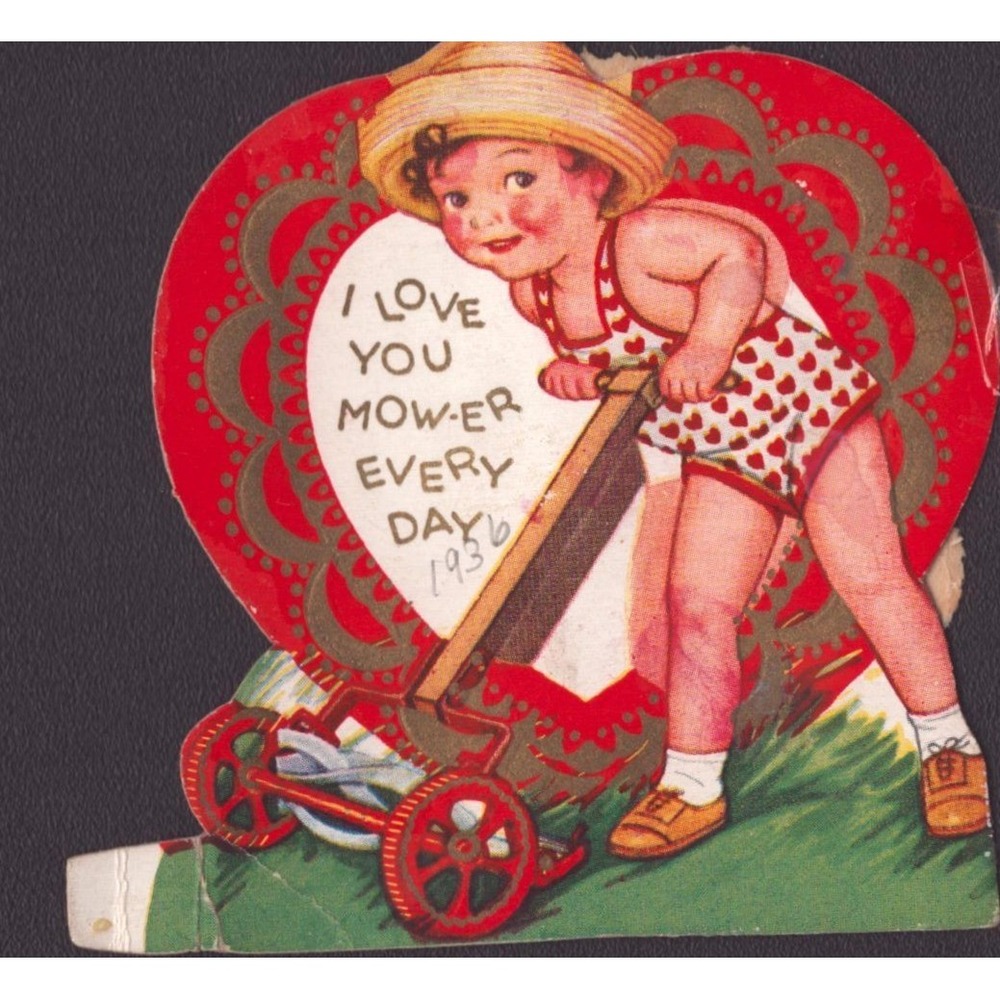 Vintage 1936 Die Cut Valentine Card Child Pushing Lawn Mower Pun Heart Romper - Picture 1 of 2